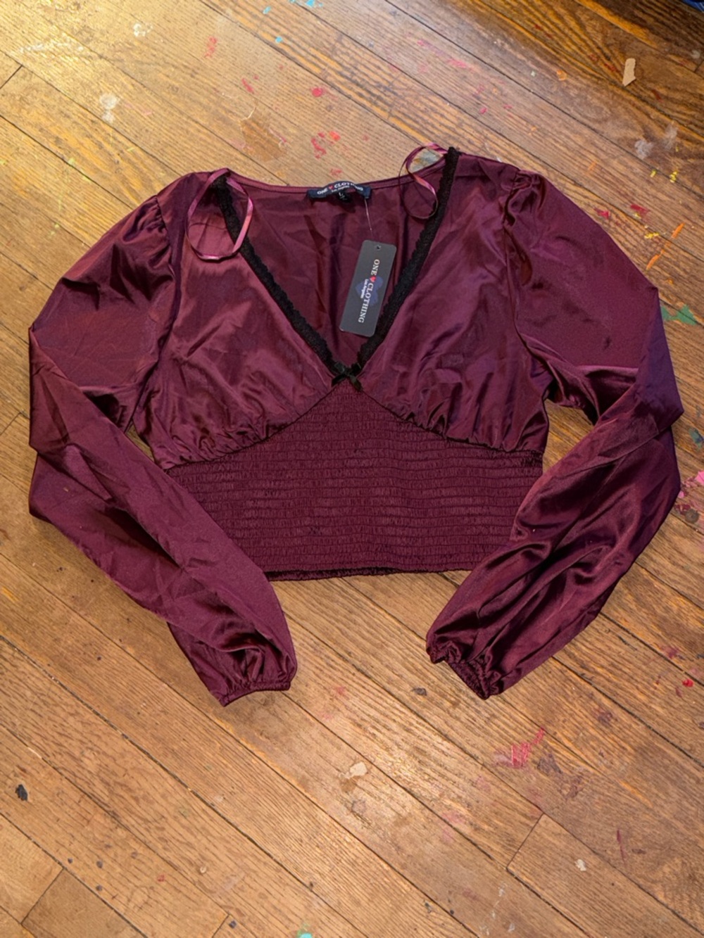 ONE CLOTHING Burgundy Satin V-Neck Camisole with Black Lace Trim